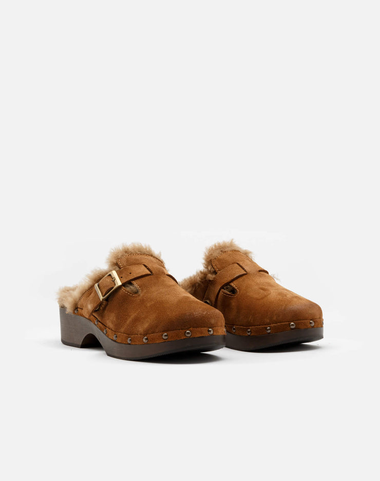 70s Shearling Clog - Cognac Suede and Shearling