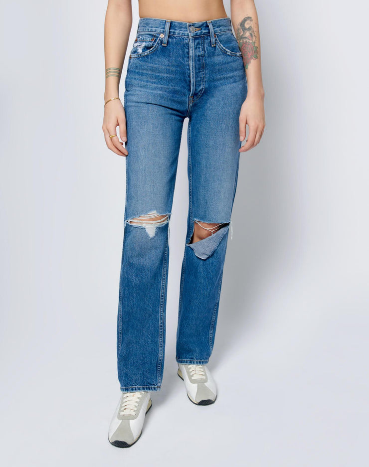 High Rise Loose - Washed Indigo with Rips