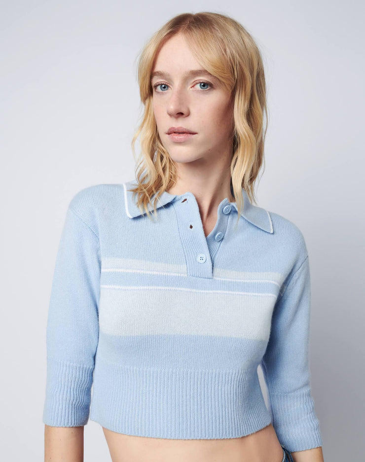 60s Shrunken Polo Sweater - Pale Blue Stripe